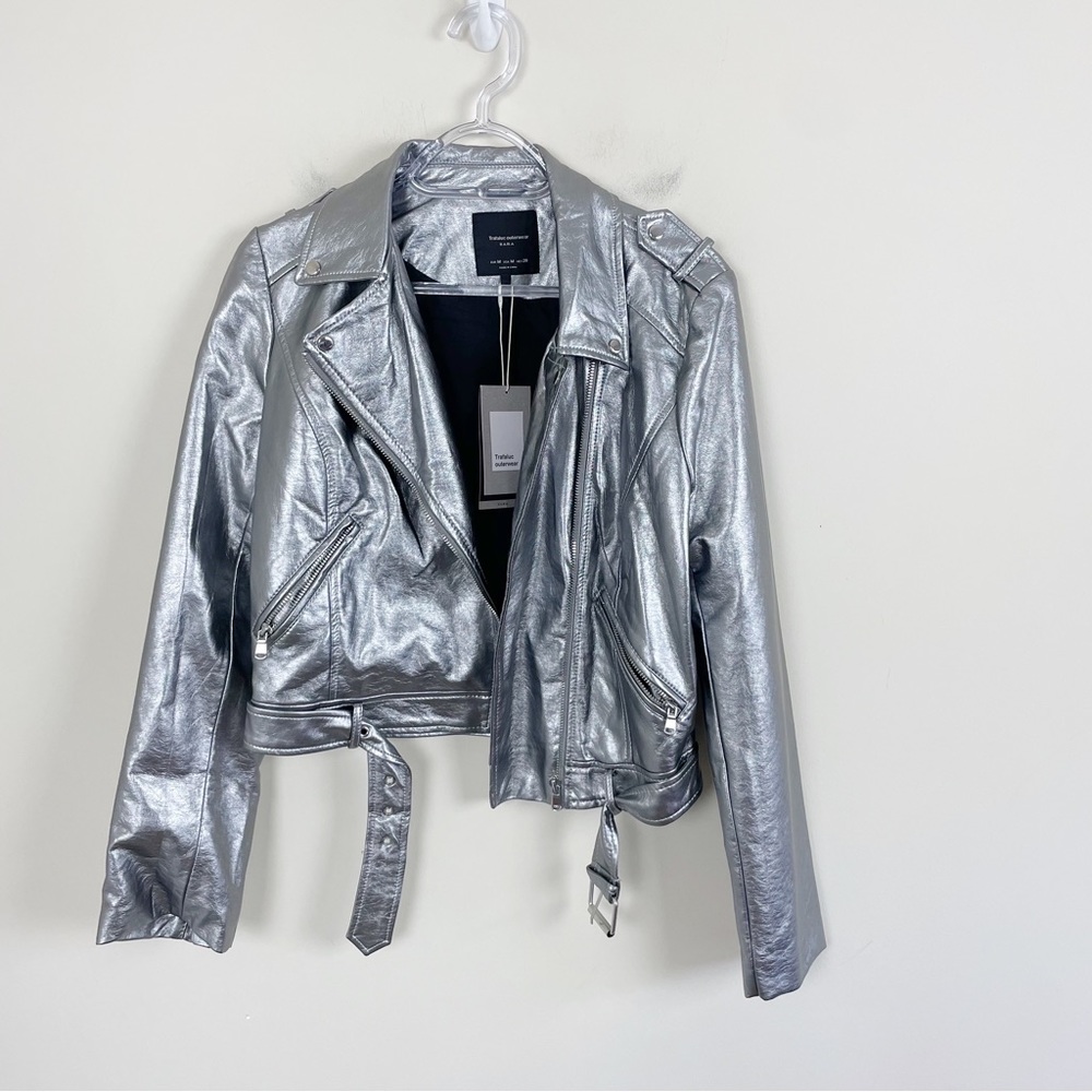 ZARA Silver Metallic Faux Leather Moto Biker Jacket Size Medium